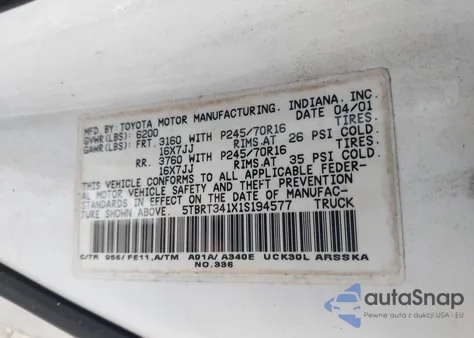 2001 Toyota Tundra Sr5 V8 from USA, damaged, VIN 5TBRT341X1S194577